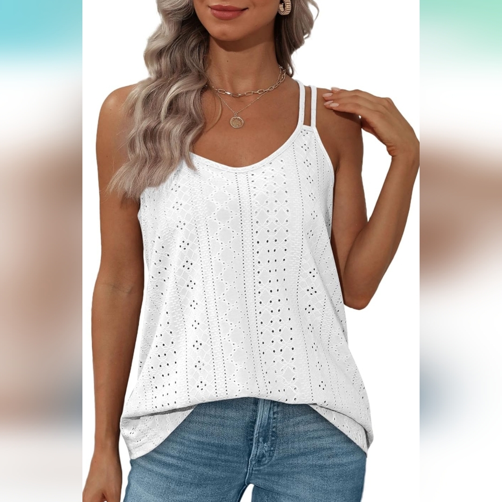 Eyelet Knit White Tank Top for Women